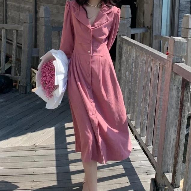 Product Introduction of Dress Korduroi Wanita Musim Gugur Gaya Korea Baru Desain Kerah Rok Panjang Manis Biru Merah Midi Putih Casual Gaun Retro Sifon Pendek Mini 23
