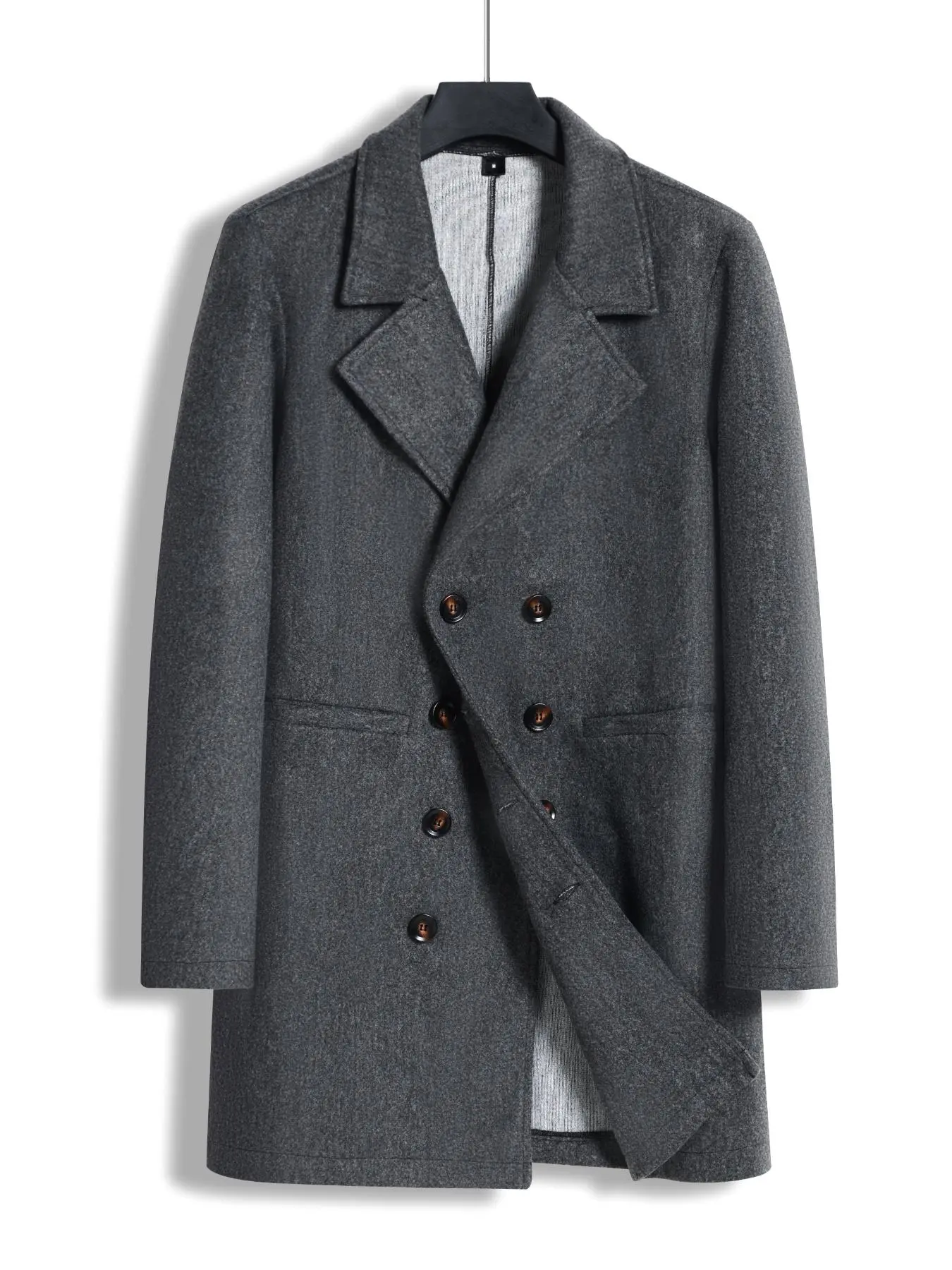 Men's Solid Double Button Lapel Neckline Woolen Coat, Business Long Sleeve Outerwear for Fall & Winter, Men's Clothes for Daily Wear