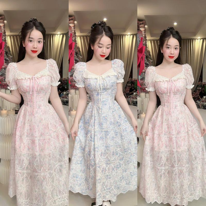 (V92) Đầm thiết kế form xoè công chúa váy hela xô thêu mềm mại phối ren sang trọng đi tiệc đi chơi đều đẹp by Thương Lê V92