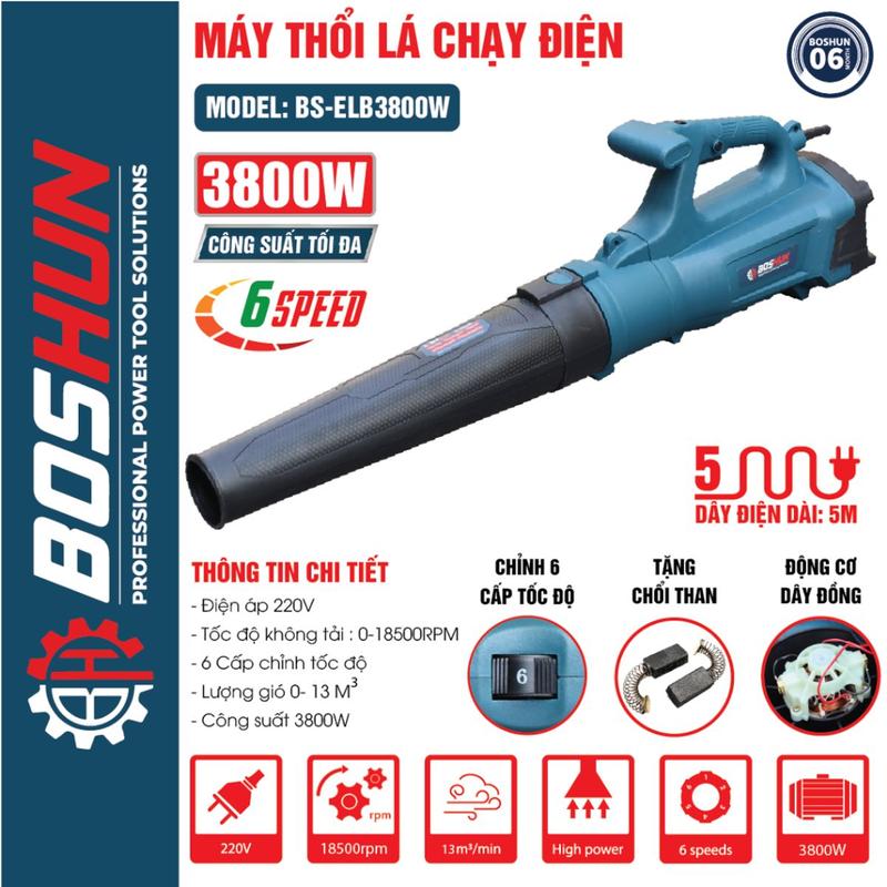 Máy thổi lá điện BOSHUN BS-ELB3800W, 3800W, Dây điện dài 8m, 6 Tốc độ 1