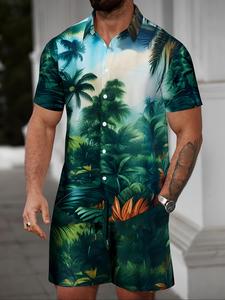 Two-piece Set Men's Tropical Print Short Sleeve Shirt & Drawstring Waist Shorts, Regular Fit Casual Comfy Breathable Button Front Collared Top & Pocket Shorts for Beach Holiday Vocation, Summer Clothes Set for Men