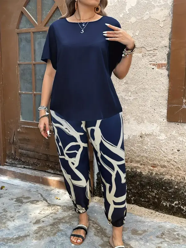 【Plus Size】 Two Counts Batwing Sleeve Blouse & Colorblock Pants Set, Casual Round Neck Top & Trousers 2 Piece Set for Summer, 2 Piece Sets Women, Co Ords for Women for Daily Wear 5