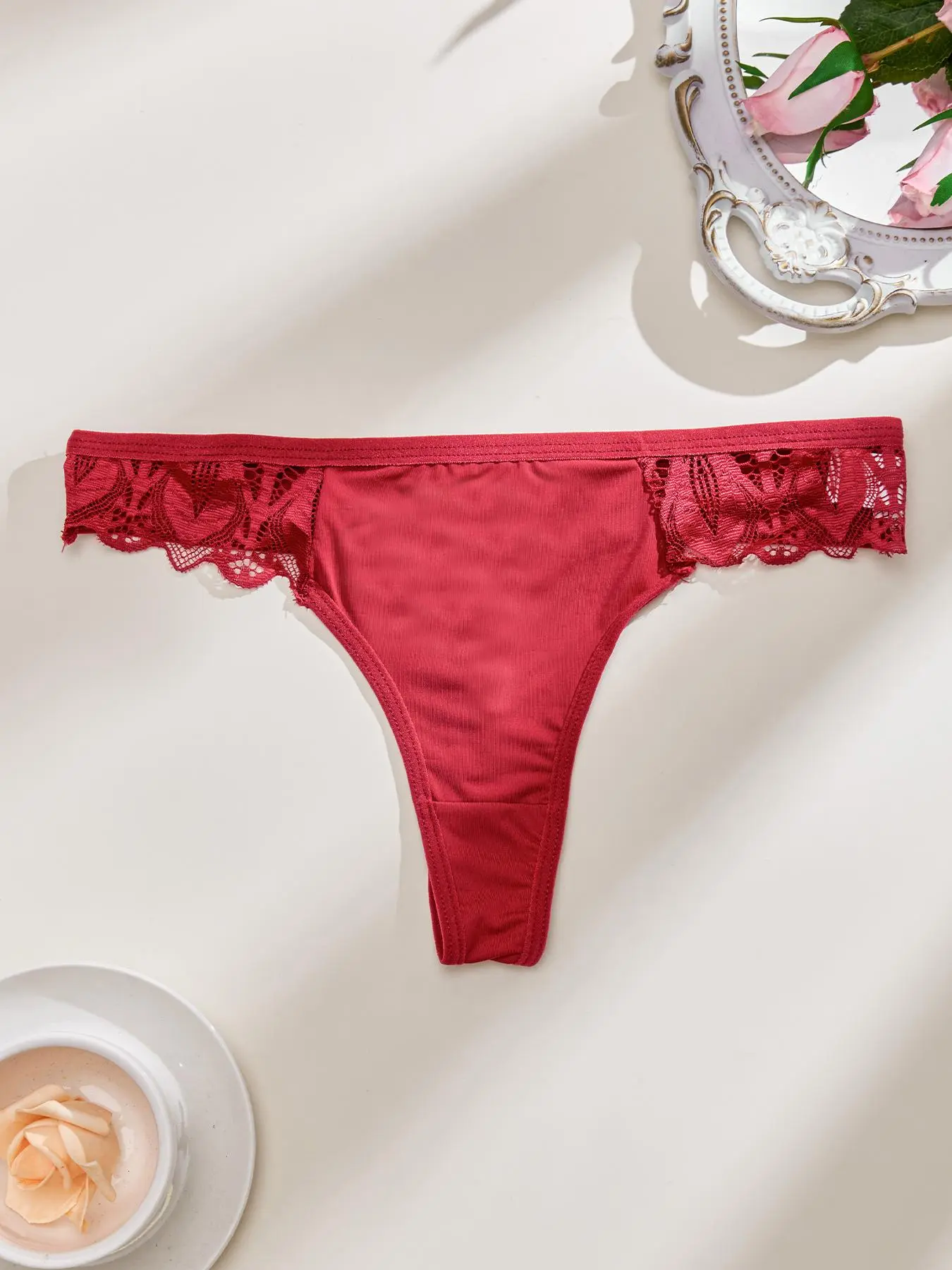 Women's Drop Waist Contrast Lace Thong, Lady Sexy Panty, Solid Breathable Comfortable Knicker for Daily Wear, Thongs Underwear for Daily Wear