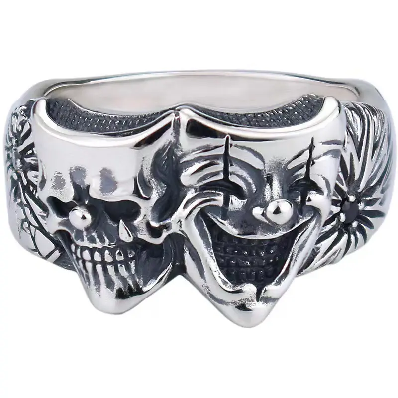 Nhẫn Chú Hề, Hai Mặt, Bạc Thái Lan, Phong Cách Gothic Hợp Xu hướng Nhật Bản Cổ Điển Của Nam Giới, Nhẫn Mở Thủ Công, Thiết Kế Ác Và Thiện năm tháng mặn nồng ring wedding long one piece signet chúa tể những chiếc 0
