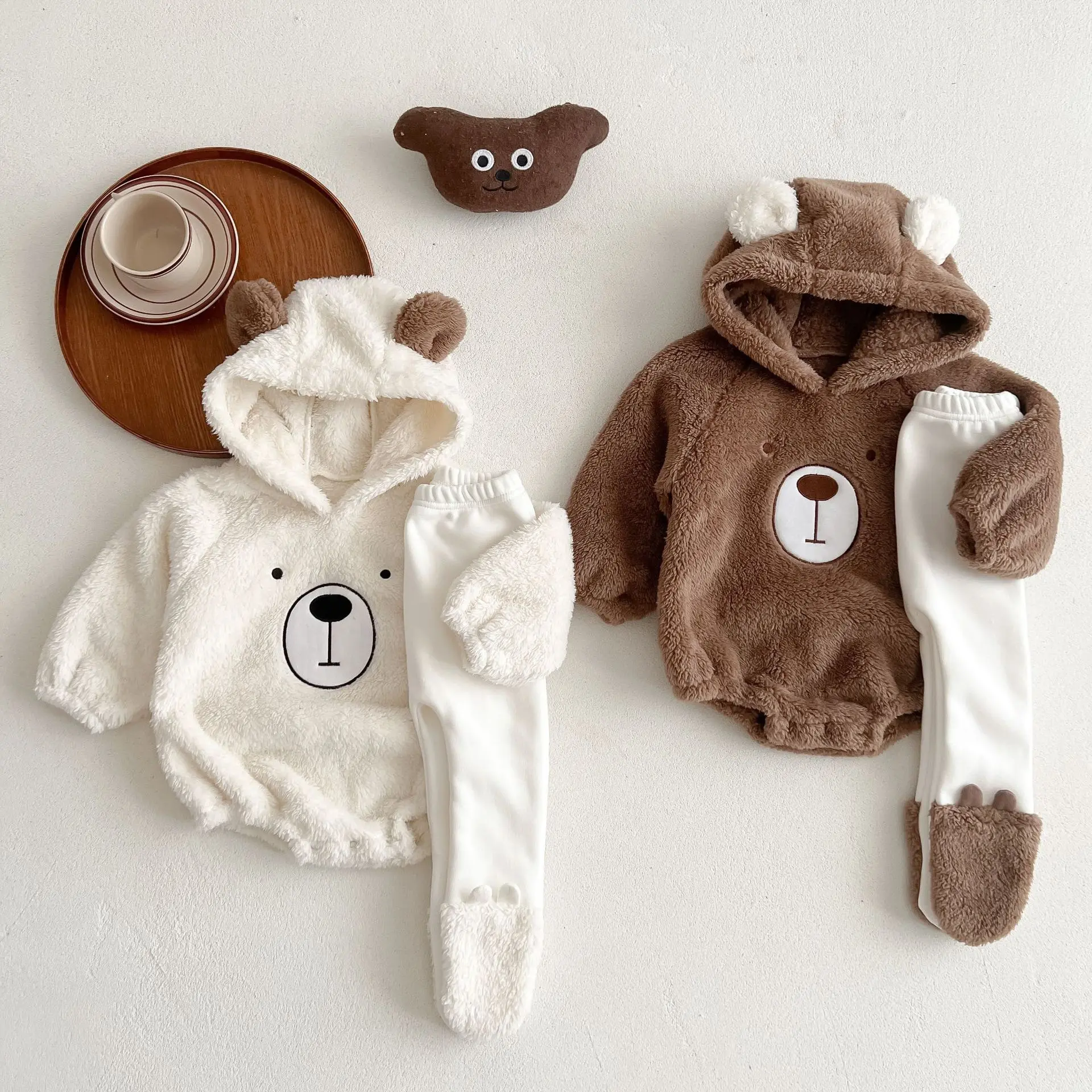 INS Baby Clothes Autumn and Winter Cute Hooded Bear Baby Fleece-lined Rompers Jumpsuit Warm Double-Sided Velvet Onesie