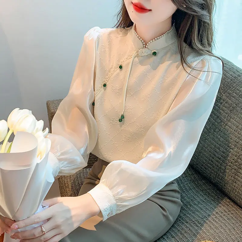 Áo Cánh Voan Sườn Xám Trung Quốc Mới, Dành Cho Nữ, Khóa Cao Cấp, Áo Sơ Mi Phong Cách Quốc Gia, Thích Hợp Cho Mùa Xuân Và Mùa Hè 2024, Áo Sơ Mi Cổ Đứng Mới