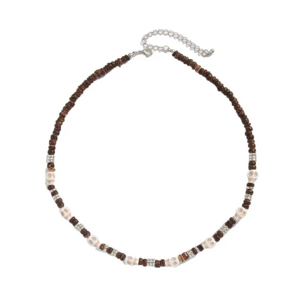 Personality Boho Coconut Shell Necklace Gothic Jewelry Skull Beaded Necklace Sweater Chain Clavicle Chain Wooden Choker Male