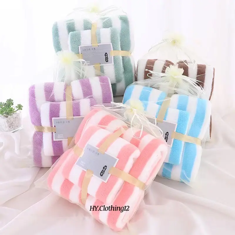 Handuk Mandi Set 2in1 Handuk Mandi & Wajah Motif Garis/ Handuk Microfiber Handuk Mandi Dewasa Abu Biru Pink Hijau