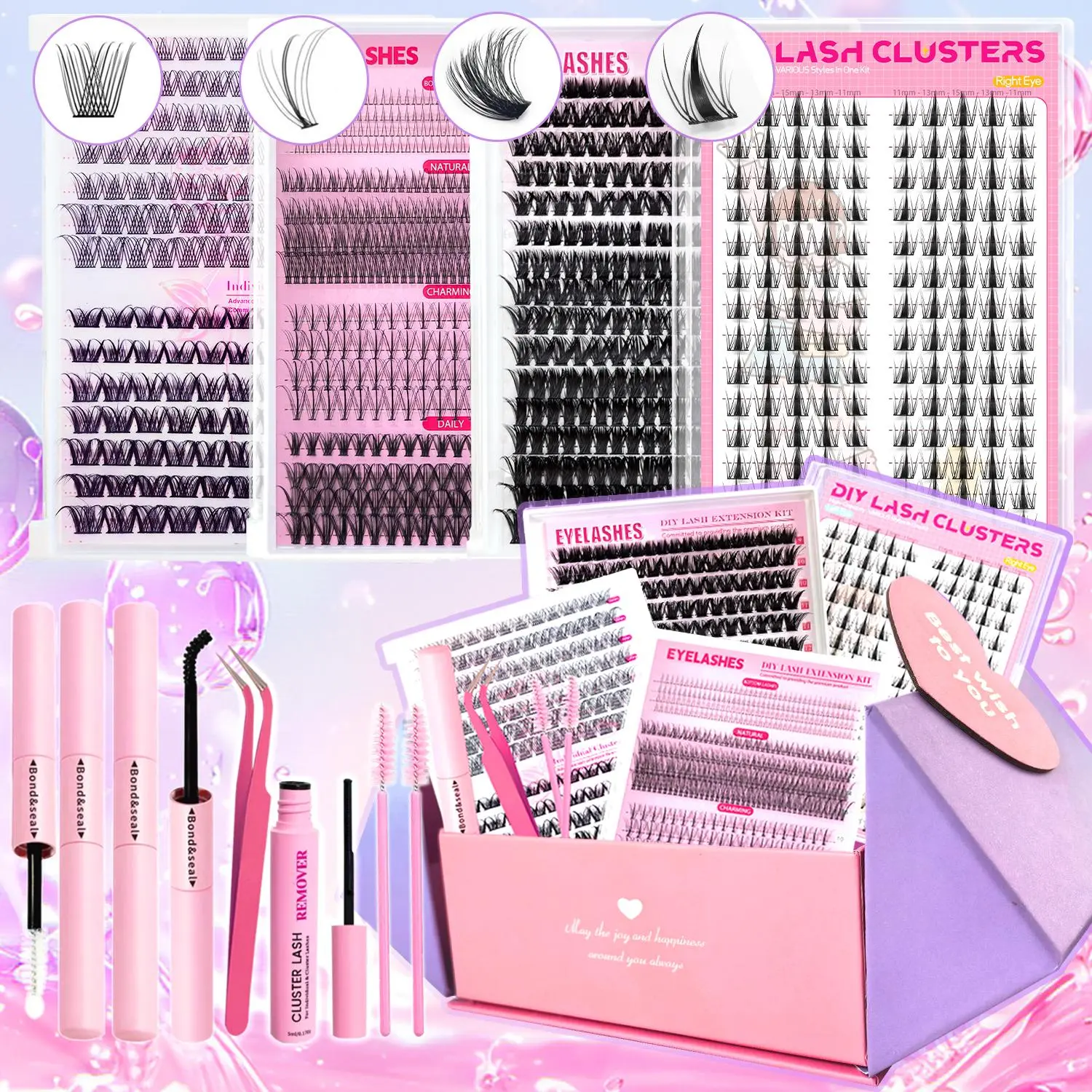 Individual False Eyelashes Kit, 1 Set Natural Look & Thick Cluster False Eyelashes, Fluffy Wispy & Soft & Reusable Segmented False Eyelashes, Eyelashes Extensions Glue