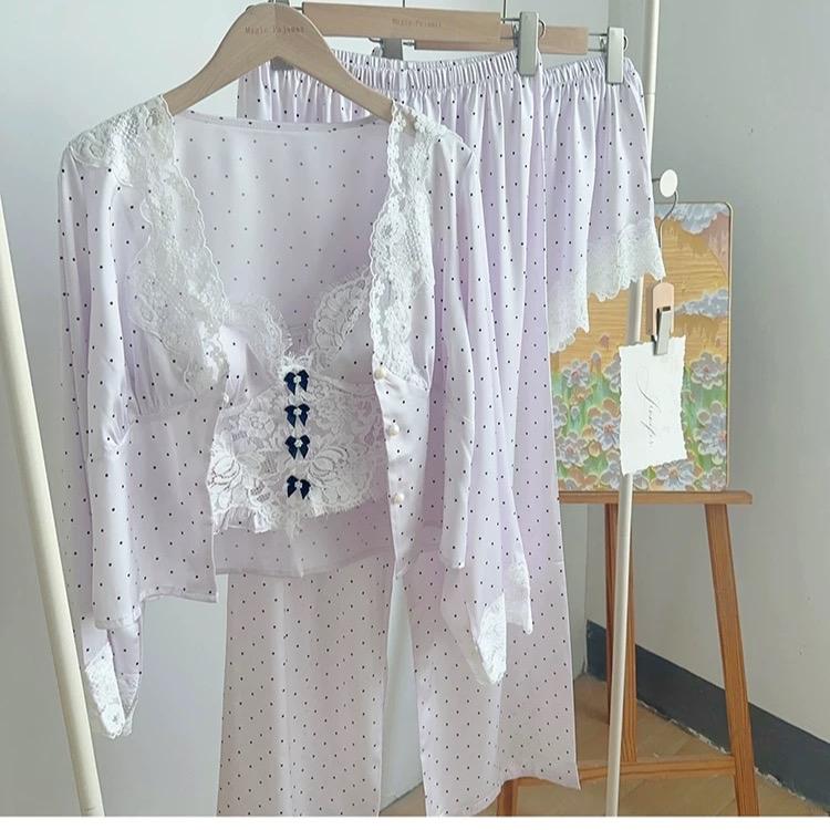 SP.666 Set bộ ngủ lụa 4 món áo hai dây kèm đệm, quần cộc, áo dài và quần dài hoạ tiết chấm bi hàng Quảng Châu cao cấp 8