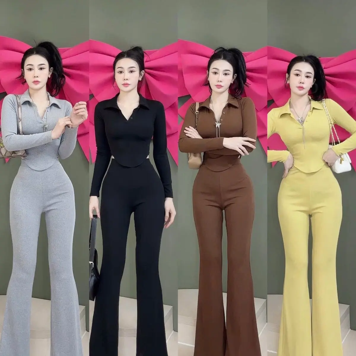 Set bộ áo croptop cổ trụ đính nút tay dài lai bầu mix cùng quần loe thiết kế tôn dáng