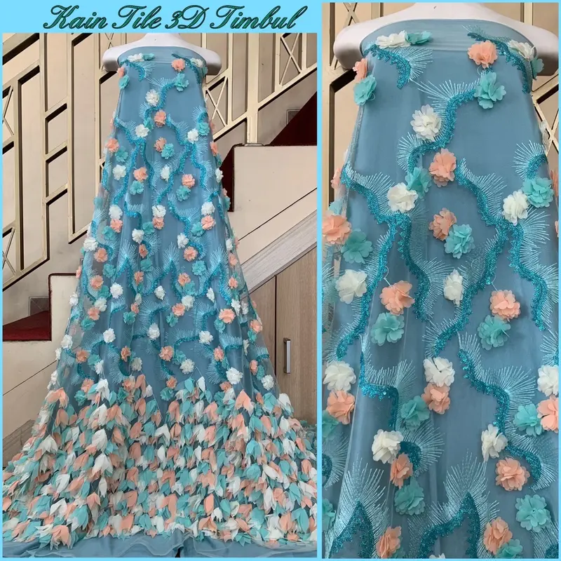 Kain Tile/Tulle 3D bunga, motif Timbul, tile Kain brokat, tile mutiara, tile polos, tile akar, tile 3D timbul, tile pingiran (Harga Setengah meter) 1