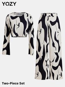 YOZY Colorblock Print Flounce Top & Elastic Waist Pants Set, Casual Round Neck Long Sleeve Top & Loose Trouser, 2024 Women's Daily Wear for Spring & Autumn