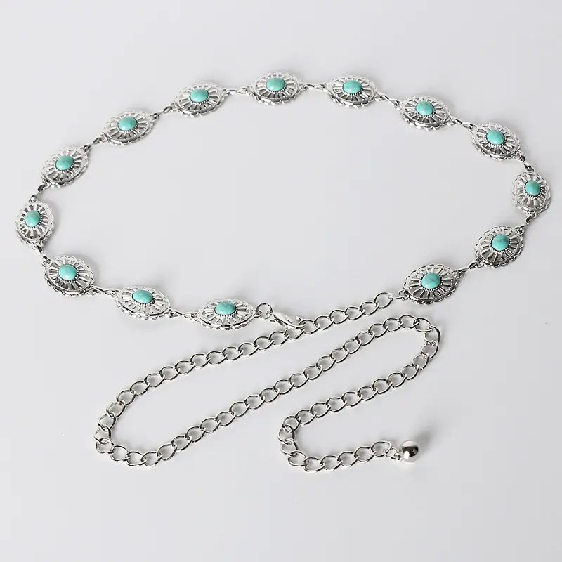 Retro Fashion Turquoise Metal Waist Chain Women's Dress All-Matching Decorative Chain Belt Bohemian Accessories 3