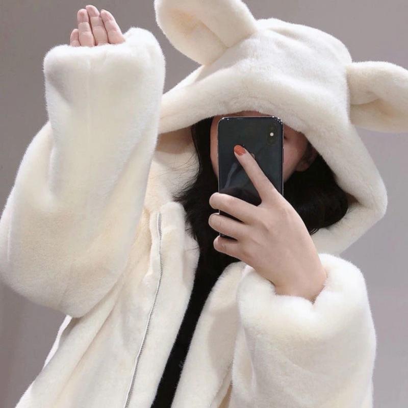  Áo khoác lông cừu hoodie mũ tai thỏ cute dễ thương thới trang hàn quốc 