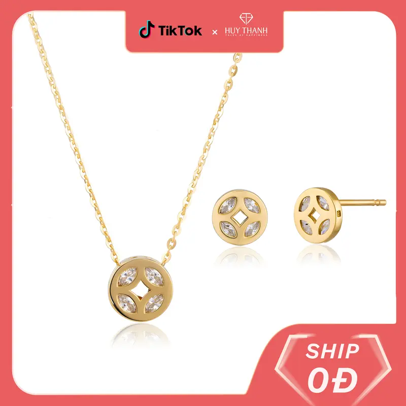 HuyThanhJewelry PTB388 Bộ trang sức Dây Chuyền & Bông Tai Vàng 14k Lộc Phát Lộc 0