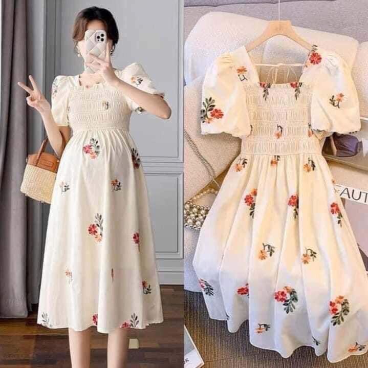 Váy Bầu Xinh hoa nhí cổ Vuông tay phồng co dãn đi tiệc đi làm du lịch