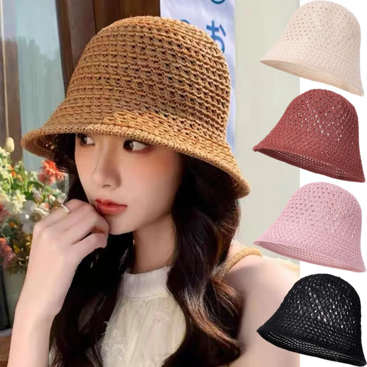 Women Summer Hollow Knitted Fisherman Hat Beach Fashion Sunscreen Basin Hat Foldable Outdoor Sunscreen Straw Knitted Hat