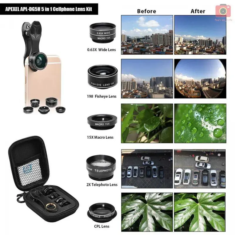 5 in 1 Lensa CPL Fisheye Macro Telephoto Wide Angle - APL-DG5H 1