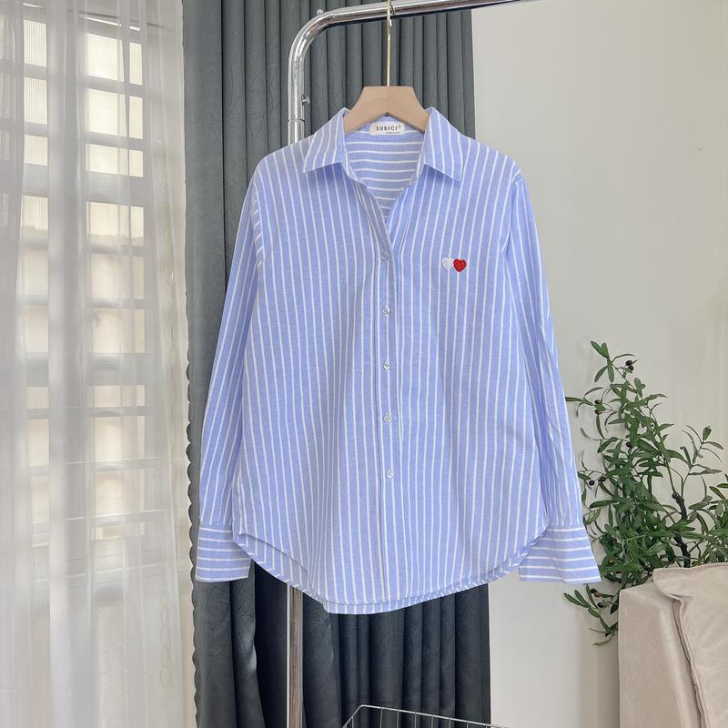 Áo Sơ Mi Kẻ Sọc To Trơn Form Rộng Chất Cotton Dày Dặn Freesize Thêu Tim Đôi Women Top