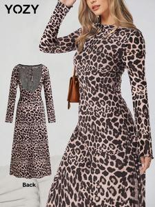 YOZY Women's Leopard Print Tie Back Boat Neck A Line Dress, Elegant Backless Long Sleeve Dress for Spring & Fall, Women's Clothing for Daily Wear