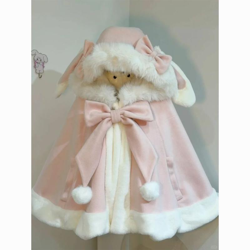 Product Introduction of 2024 Autumn and Winter New Sweet Cute Rabbit Ears Woolen Cloak Loose Youthful-Looking Bow Hooded Chic Coat 2