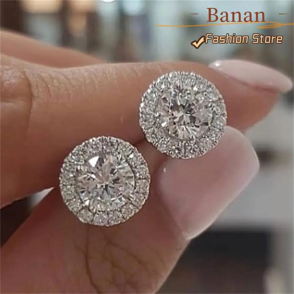 Bông Tai Đinh tán Moissanite Tròn Zircon Sáng Bóng, Thích Hợp Cho Đám Cưới Và Đính Hôn, Dành Cho Phụ Nữ Và Nam Giới, Màu Trắng