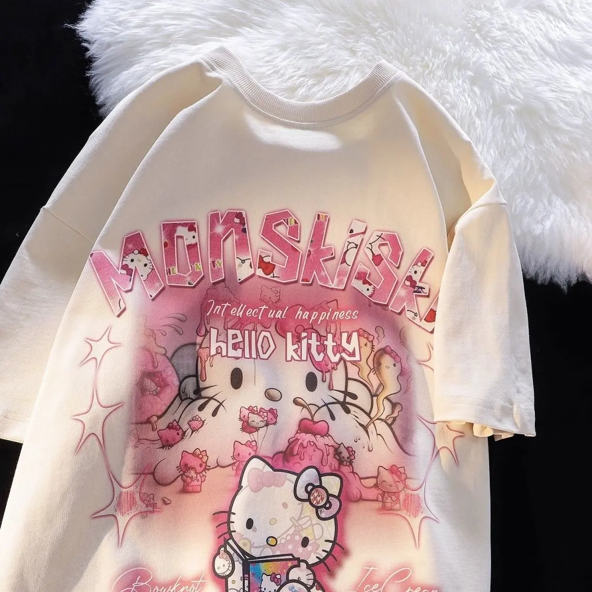 Áo Thun Ngắn Tay In Hình Hello Kitty, Ngọt Ngào Và Ngầu, Dễ Thương, Phiên Bản Sinh Viên, Dáng Rộng Vừa Vặn, Áo Dễ Phối Đồ Cổ Điển Thời Trang, 2024
