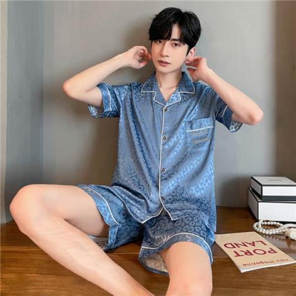 Bộ Đồ Ngủ Lụa Băng Kẻ Sọc Cho Nam, Phong Cách Hàn Quốc, Dáng Rộng, Thường Ngày, Ngắn Tay, 1 Bộ 8