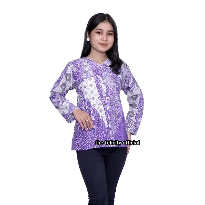 Blouse Batik Wanita Lengan Panjang Pendek Modern Kantor Kerja Lavender by Felicity Katun Putih 4