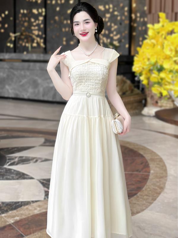 [MIỄN SHIP] MDU4048 Váy với chất liệu Tơ óng cao cấp - Thiết Kế Dáng Dài Thanh Lịch Dành Cho Nữ Women Dress  Kem 3
