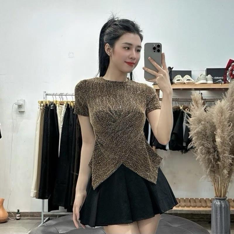 Áo Thun Kim Tuyến Tạo Thắt Eo co giãn dưới 60kg mặc vừa , áo thun nữ, áo nhũ xoắn eo Top Women Cổ Tròn