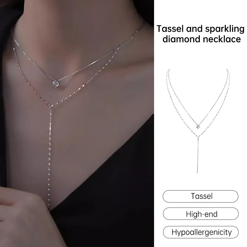 【Sktlz Potongan Harga Sangat Tinggi】Tassel Sparkling Berlian Kalung Wanita Niche Seksi Dua lapis Kalung Indah