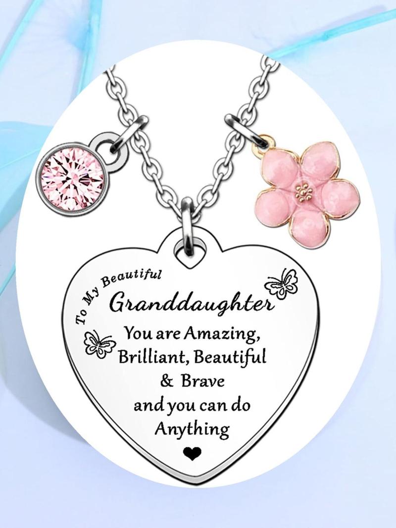 Product Introduction of Cute Heart Shaped Pendant Necklace with Rhinestones & Pink Flower Charm Decor, Fashion Jewelry Accessories for Granddaughter As Gift 3