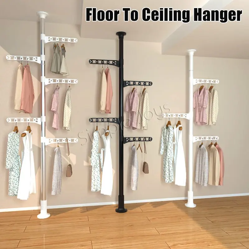 Adjustable Clothes Drying Hanger Rack with Floor To Ceiling Tension Pole Accessory Laundry Metal Steel
