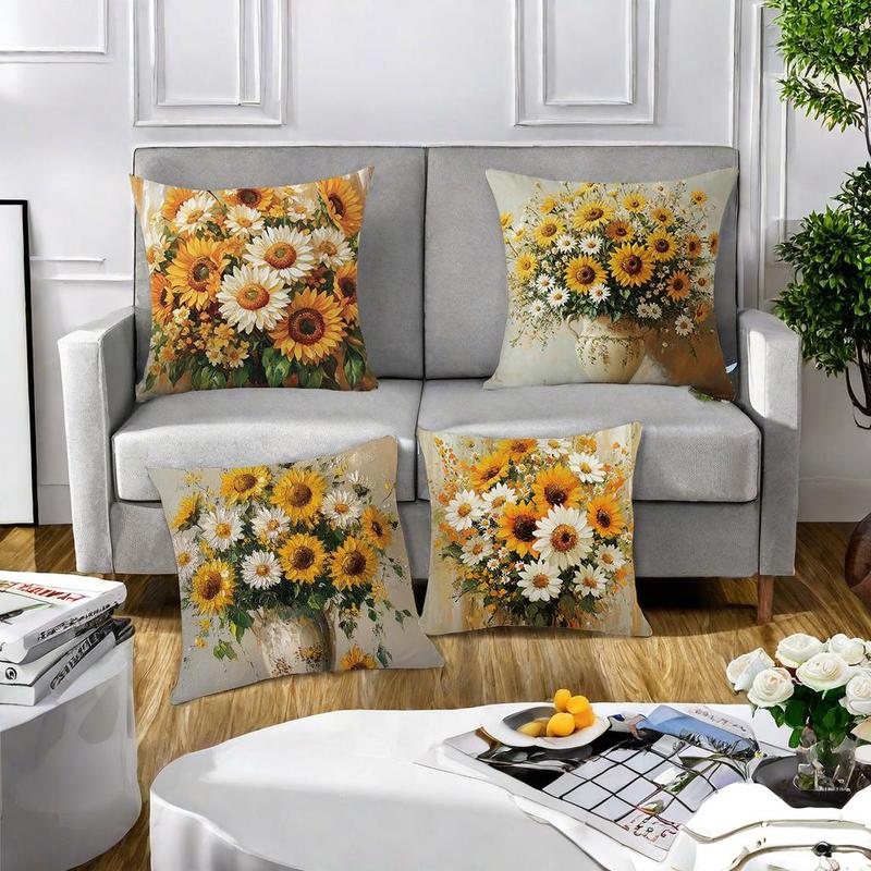 Sunflower Pattern Cushion Cover, 4 Counts/set Square Throw Pillow Cover, Household Decoration Supplies for Home Living Room Bedroom 4