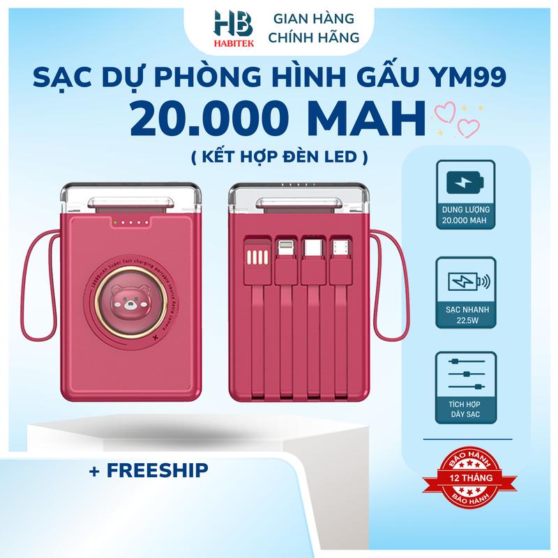 Sạc Dự Phòng YM99 20000mah Sạc Nhanh ,Pin Dung Lượng Lớn, Có Sẵn Dây Sạc Cho Nhiều Điện Thoại Phụ Kiện Sạc Pin Pin Dự Phòng Đèn
