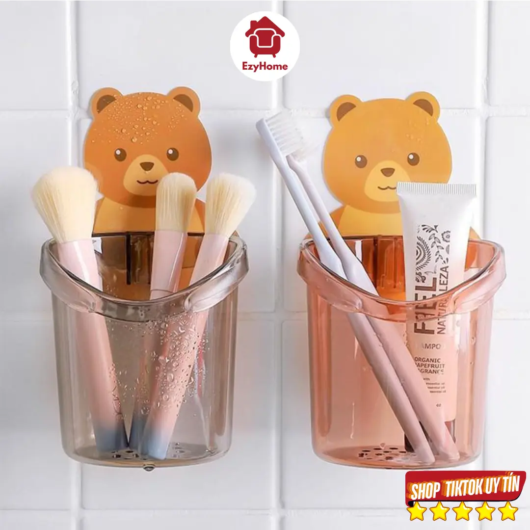 Cốc Gấu Dán Tường Đựng Bàn Chải Đánh Răng - Ly Nhà Tắm Có Lỗ Thoát Nước, Chống Bám Bẩn, Tiện Lợi