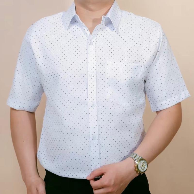 Áo Sơ Mi Nam Chấm Bi Trung Niên Ngắn Tay Có Túi Lụa Hàn Menswear Shirt Có Cổ