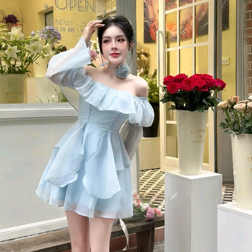 Đầm trễ vai tay dài kèm bông cổ vải tơ nến siêu xinh siêu xinh Nữ Women