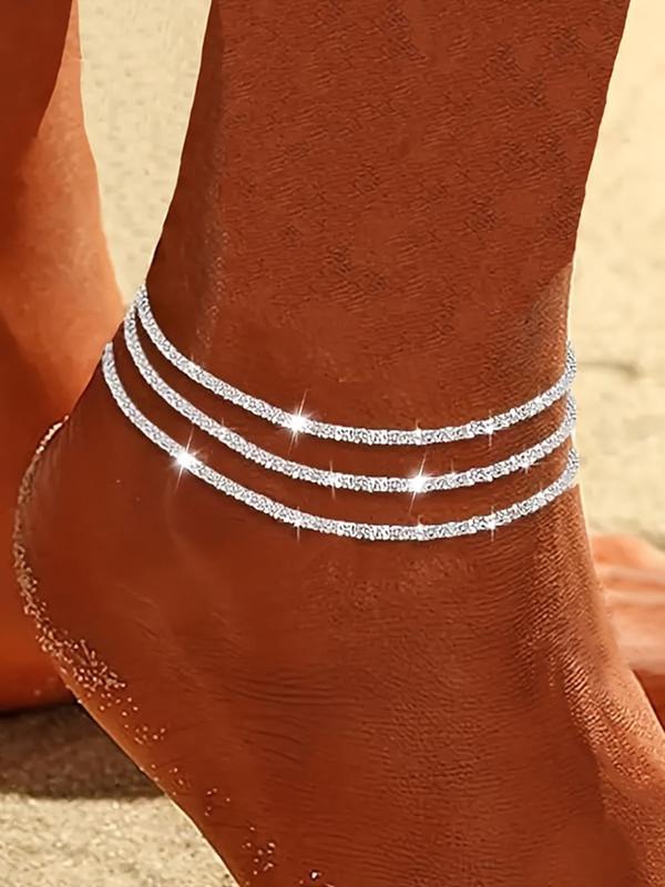 Women's Elegant Minimalist Glittering Anklets, 3 Counts Fashionable Chain Ankles for Women & Girls, Trendy  Exquisite Body Jewelry As Birthday Gift 0