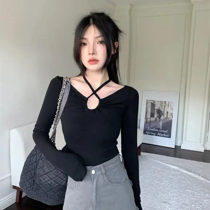 Áo body cổ tròn  dài tay, cổ buộc nơ xinh phong cách Hàn Quốc