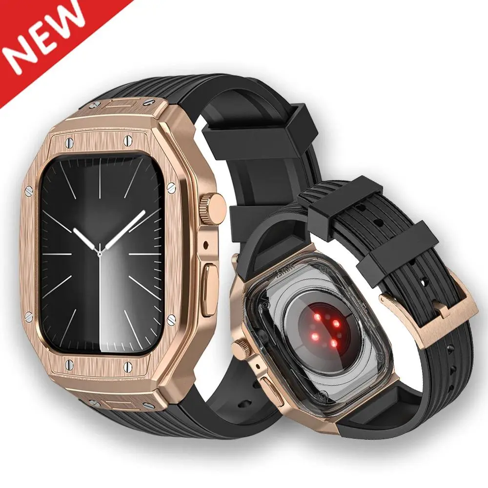 Ốp hợp kim và dây đeo TPU, dành cho Apple Watch 45mm và 44mm, dây đeo Khóa bằng thép không gỉ, Tương thích với iWatch 9, 8, 7, 6, 5, 4, Bộ dụng cụ sửa đổi tự làm