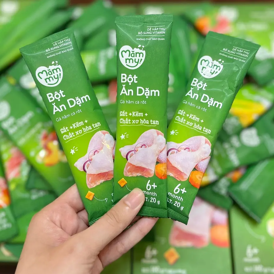 Bột ăn dặm cho bé Mămmy gồm bột sữa yến mạch, sữa bắp non, trái cây mùa hè, cháo sườn heo, thịt bò và gà hầm - 1 gói/20g