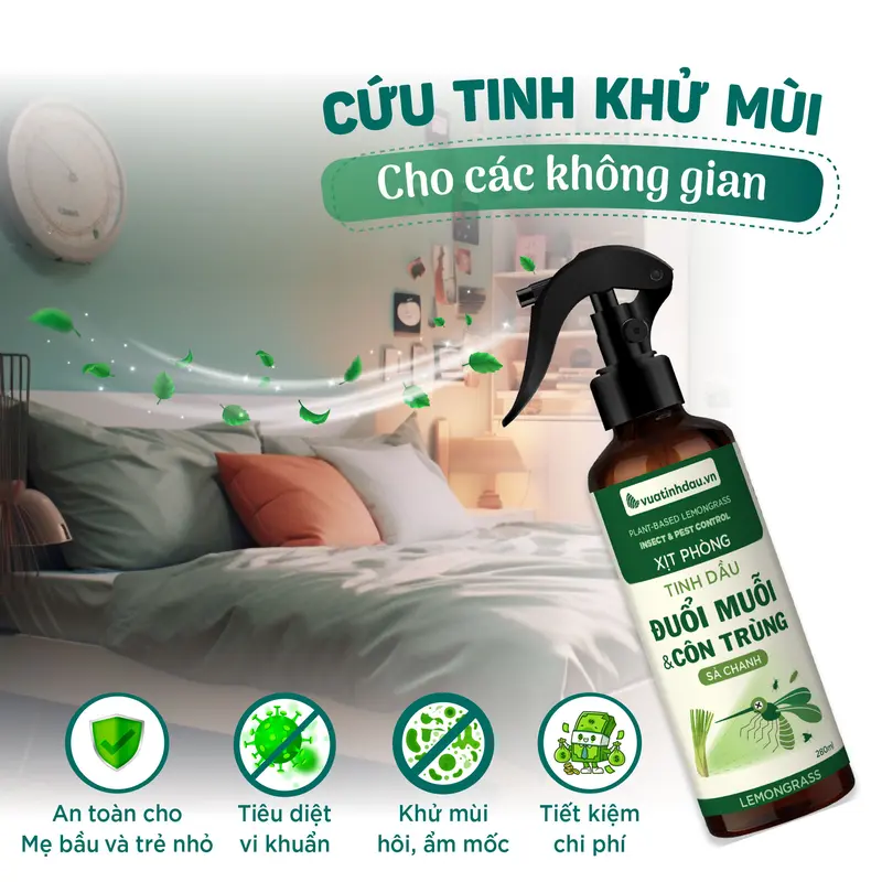 Xịt Phòng Đuổi Muỗi Và Côn Trùng Tinh Dầu Sả Chanh VUATINHDAU 280ml Khử Mùi,Đuổi Muỗi Thơm Phòng Ngủ 3
