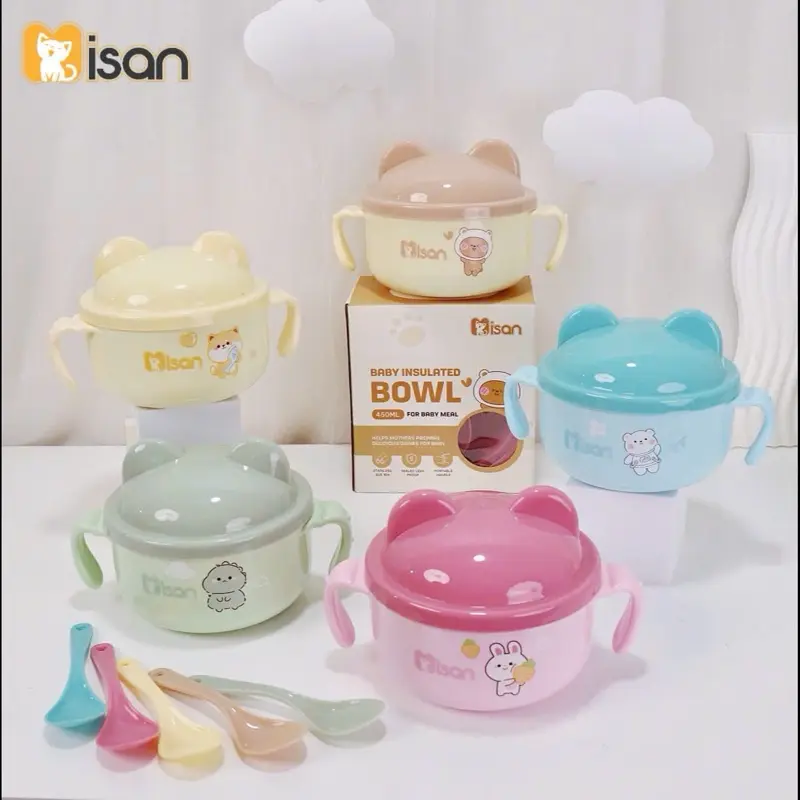 (Kèm Thìa) Bát Ăn Inox Cách Nhiệt Có Tay Cầm Kèm Muỗng Và Nắp Cho Bé ăn dặm Kem 0