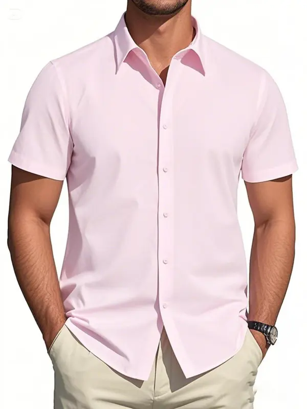 Men's Regular Fit Solid Short Sleeve Shirt, Casual Button Down Collared Top for Summer, Fashion Men's Clothes for Daily Wear 0