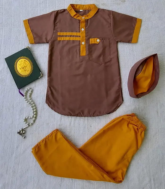 setelan baju koko anak laki-laki lengan pendek Katun Polos Kancing Muslim Peci Turki Kurta Nyaman 1