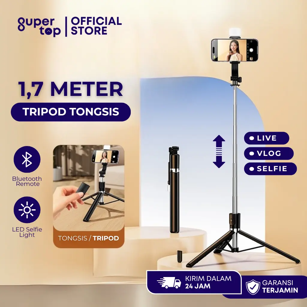 Tongsis Tripod 1,7 Meter LED Light Bluetooth Remote Selfie Shutter Aluminium Vlog Live Selfie Stick Tripod Ngonten Portable Travel Wireless