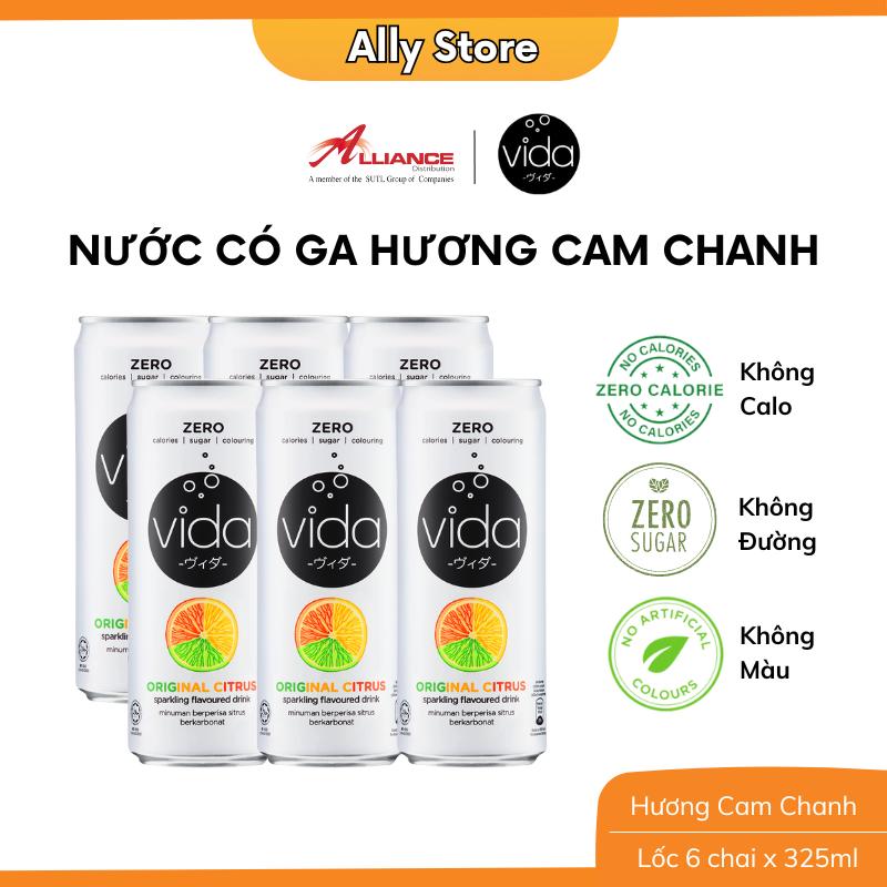 Nước Ngọt Có Ga Không Calo Vida, Hương Cam Chanh, Táo, Vải Muối, Nhập Khẩu Malaysia - 6 Lon x 325ml